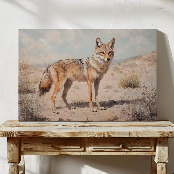 Desert Coyote Canvas Wall Art Realistic Vintage Oil Painting Of Wild In Southwest Landscape