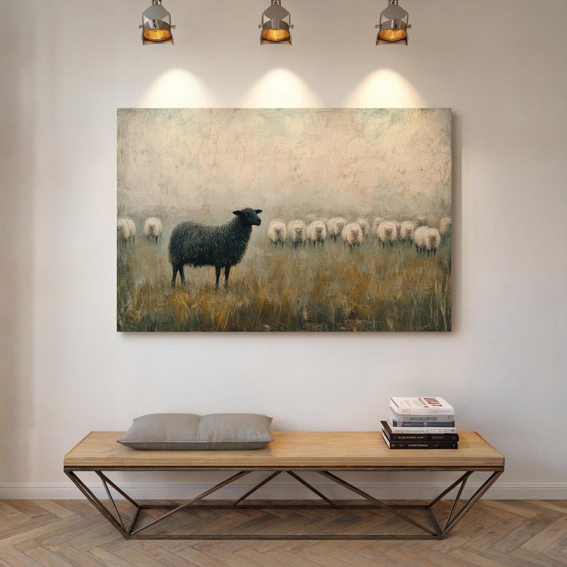 Black Sheep In Foggy Meadow Rustic Animal Art Print - Image 7