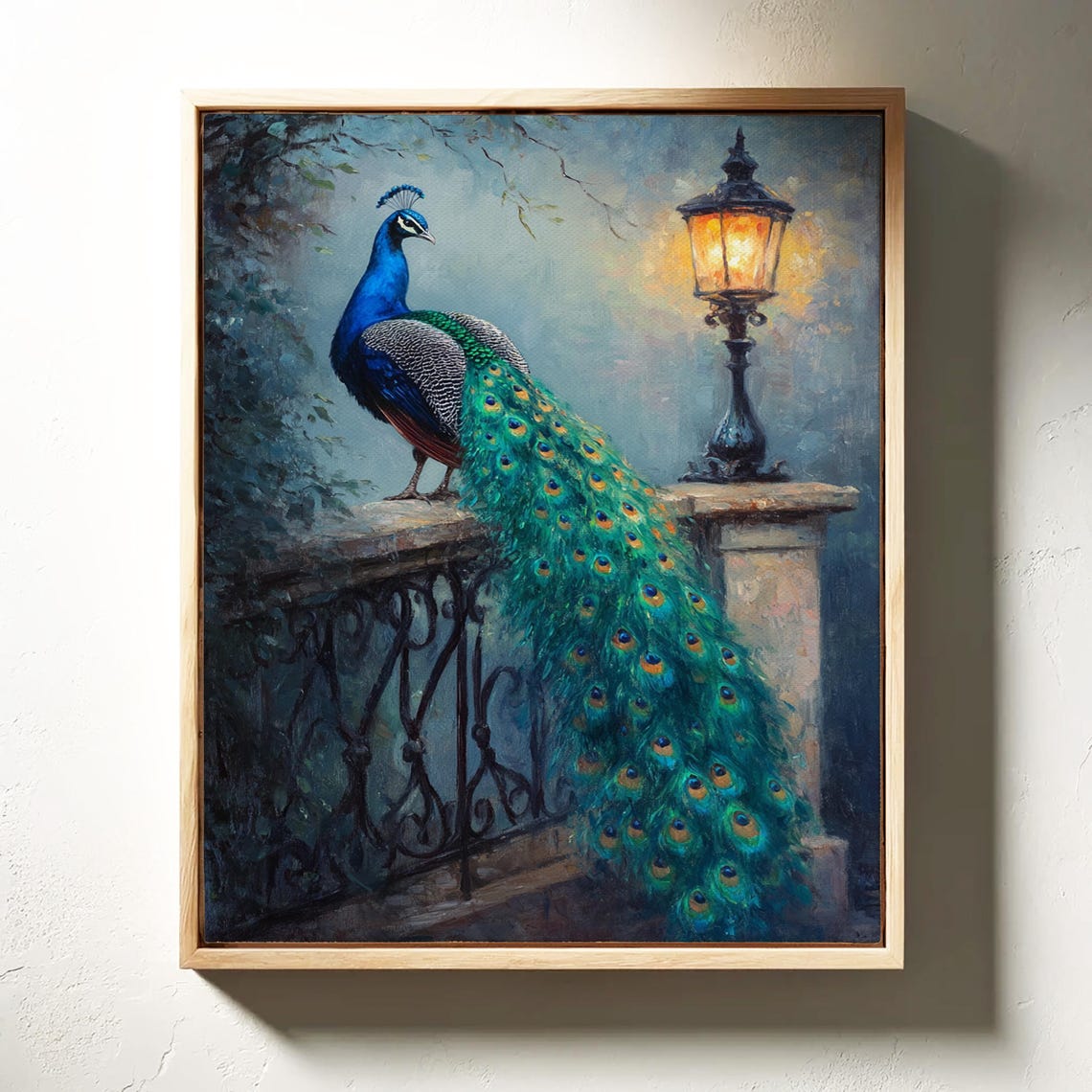 Peacock By Vintage Street Lamp Dusk Old World Painting Poster - Image 4