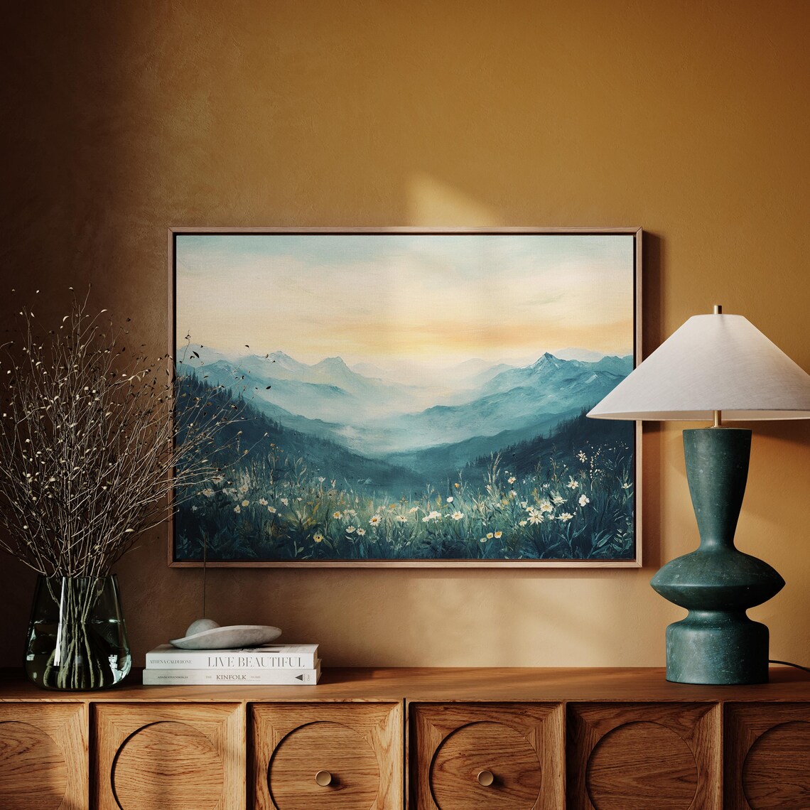 Serene Mountain Valley With Wildflowers Soft Watercolor Art Poster