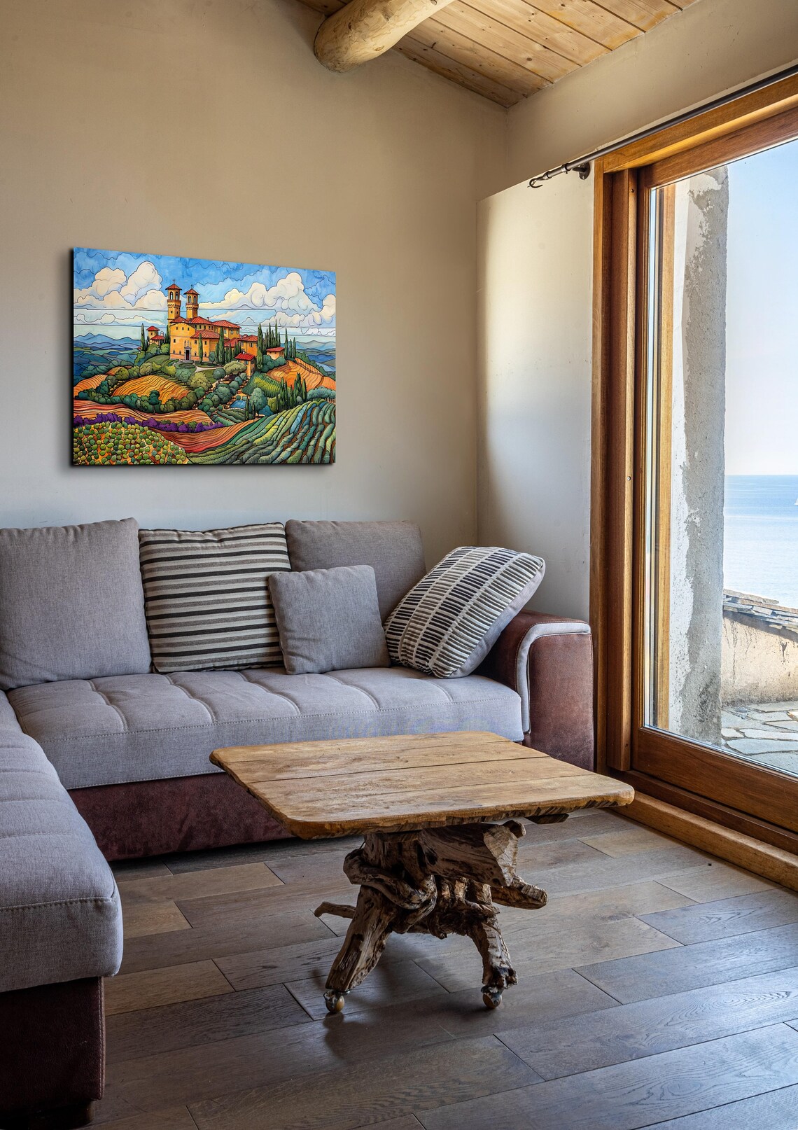Tuscan Hilltop Village Church Towers Terraced Fields Colorful Print - Image 3