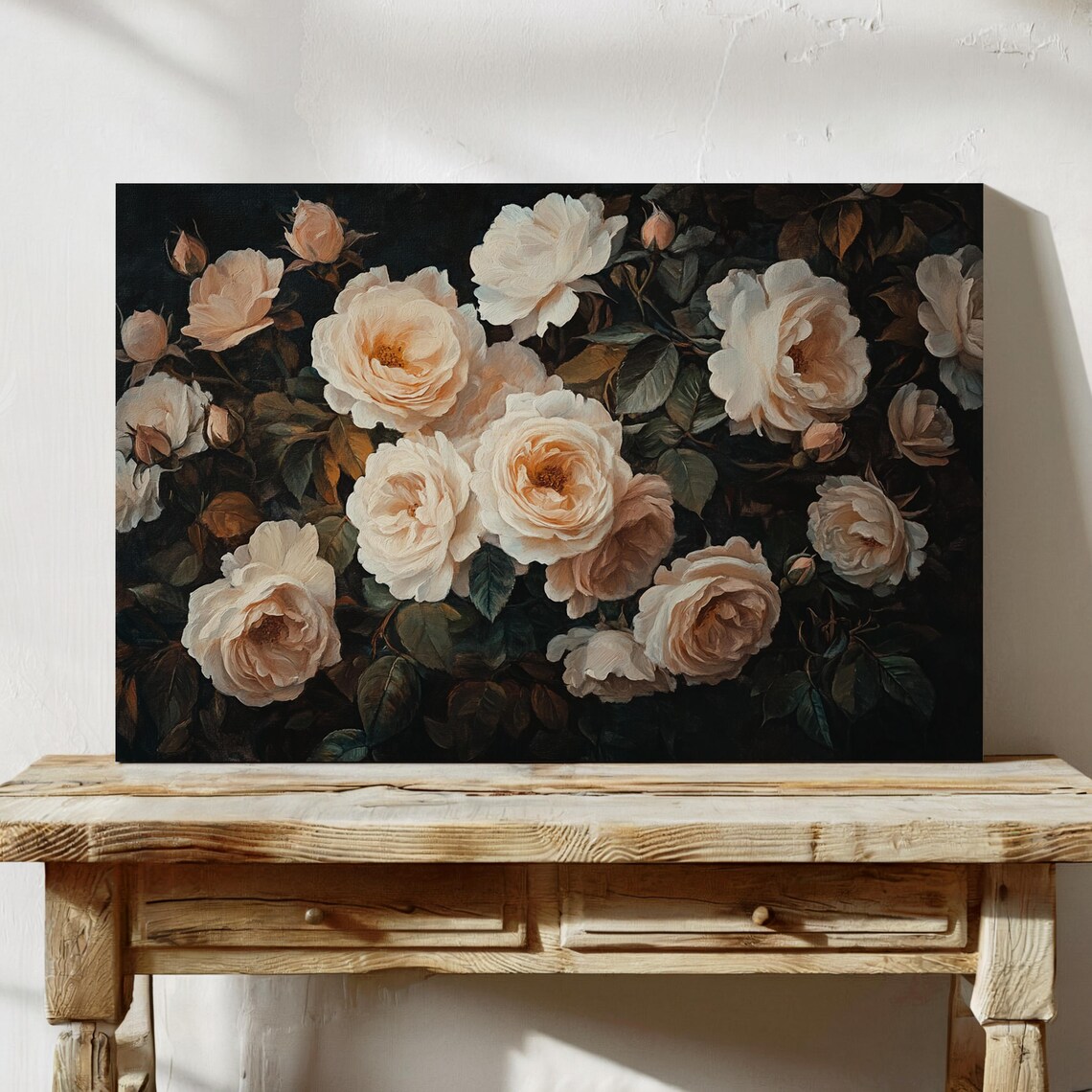 Cream Roses Abundant Blooms On Black Vintage Dark Floral Poster - Image 7