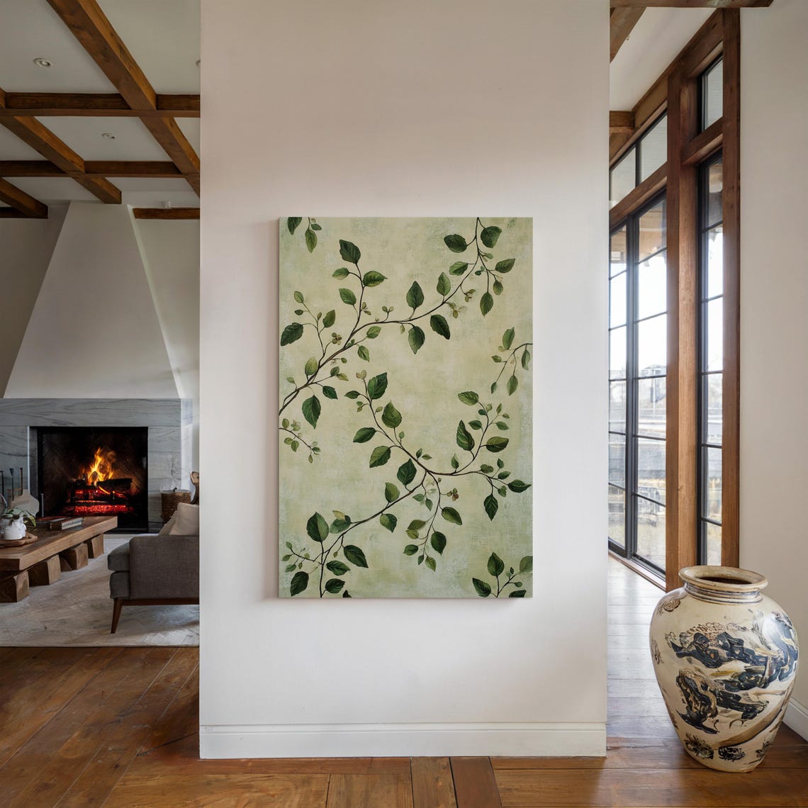 Trailing Green Leafy Vines on Sage Botanical Chinoiserie Art Poster - Image 2