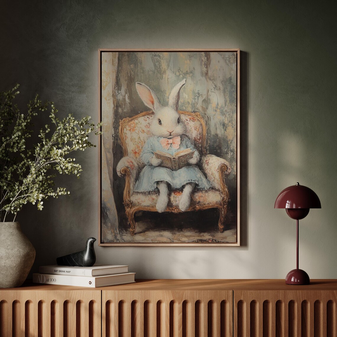 Charming Bunny Reading Book In Vintage Floral Armchair Poster - Image 7