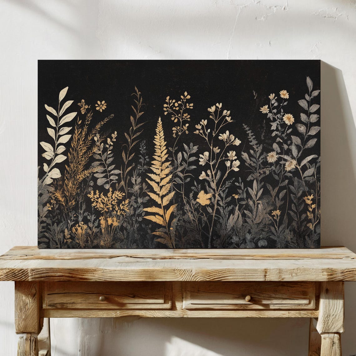 Gold Botanical Wildflowers on Black Minimalist Nature Wall Art