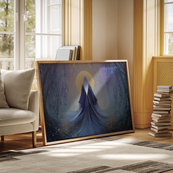 Mystic Moon Goddess Celestial Blue Cloak Forest Full Moon Poster