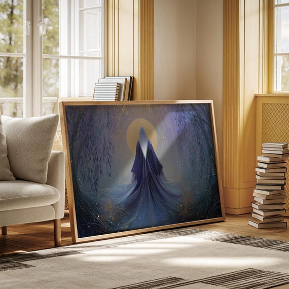 Mystic Moon Goddess Wall Art Celestial Woman In Blue Forest Spiritual Divine Feminine Canvas Fantasy Moonlight Home Decor