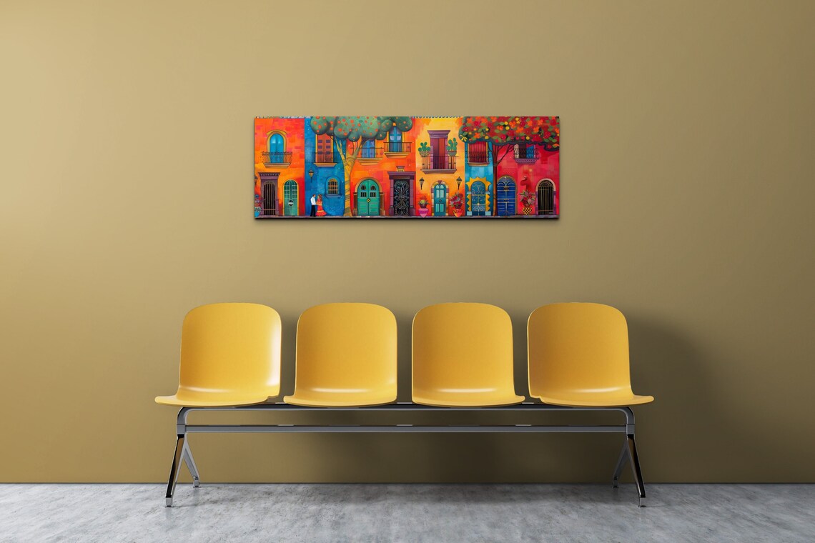 Colorful Mexican Street Scene With Couple Panoramic Folk Poster - Image 5