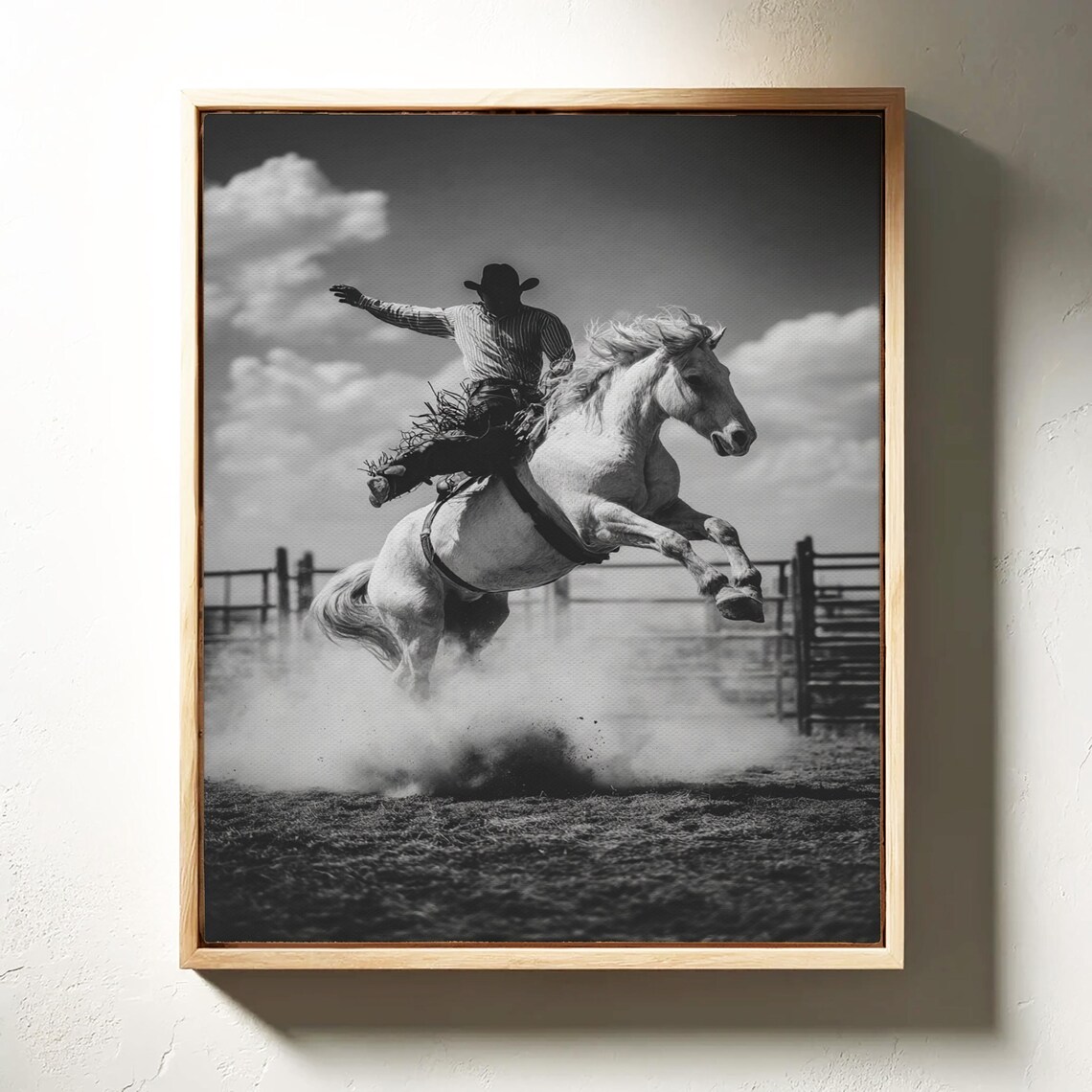 Rodeo Cowboy Riding Bucking Bronco Dust Black and White Poster