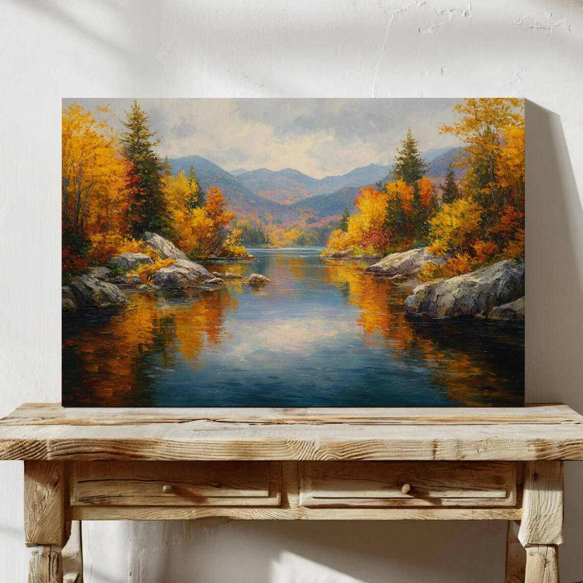 Autumn Mountain Lake With Golden Foliage Landscape Painting Print