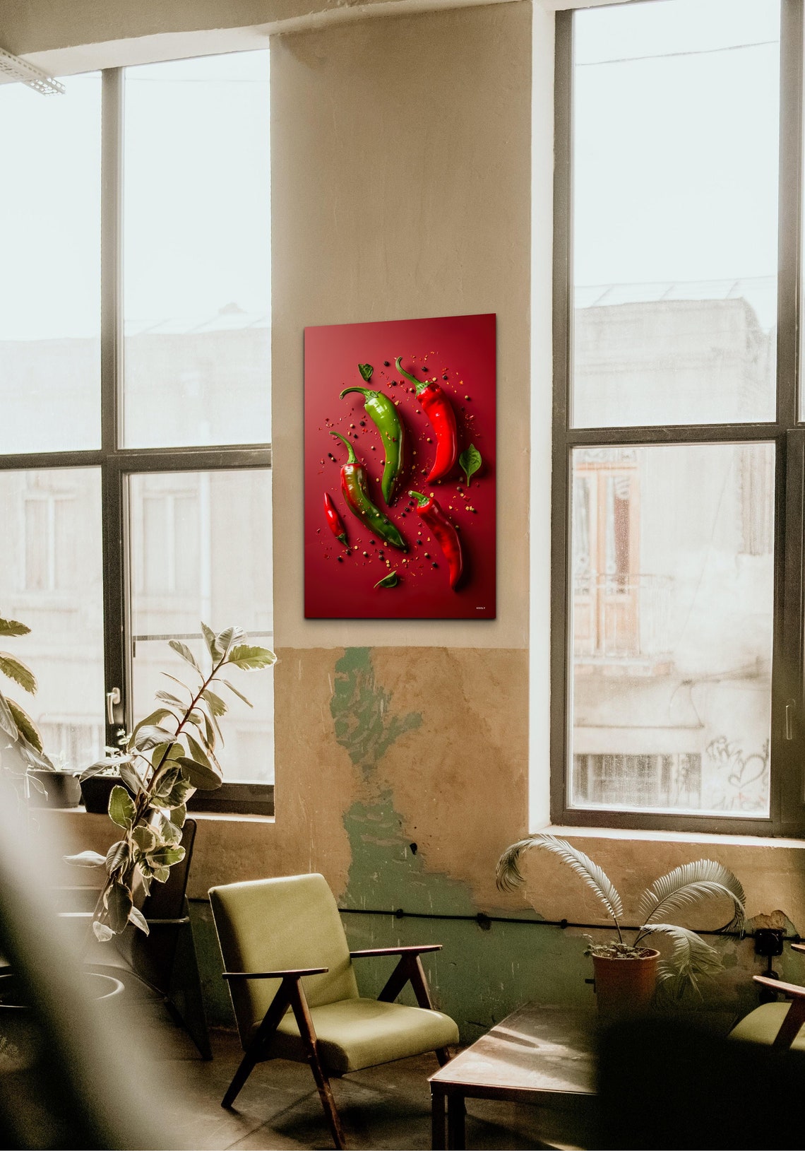 Red Green Chili Peppers On Crimson Spices Still Life Kitchen Wall Art - Image 3