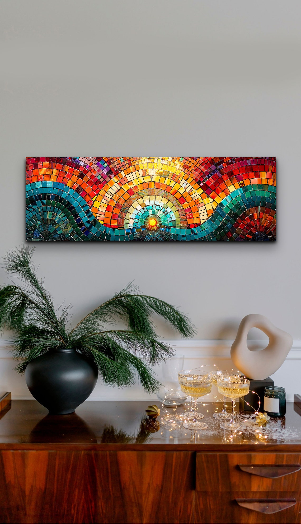 Mosaic Sunrise Over Ocean Waves Panoramic Colorful Art Poster - Image 6