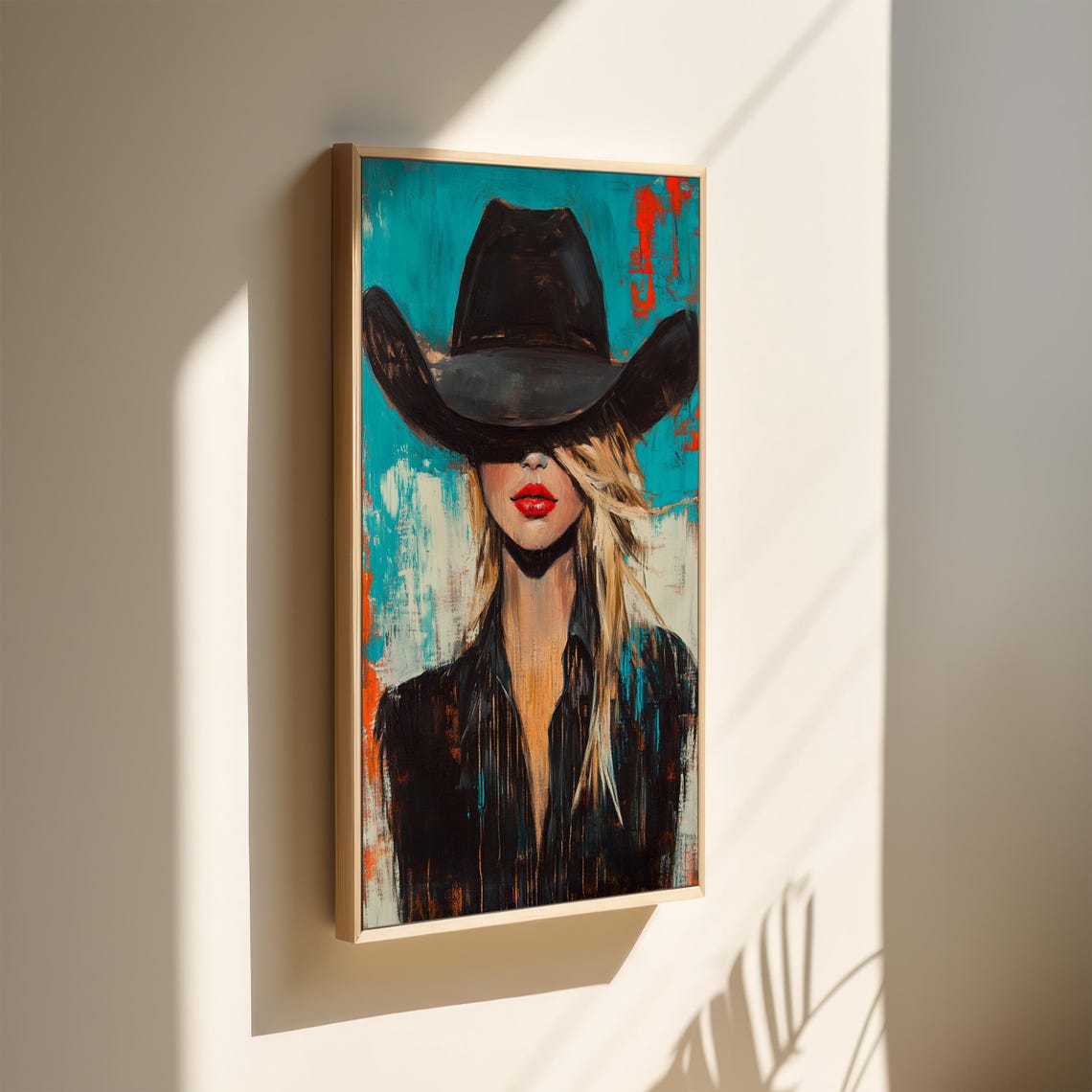 Mysterious Cowgirl Art Western Wall Decor Blonde Woman In Black Hat Bold Lips Teal And Red Accents