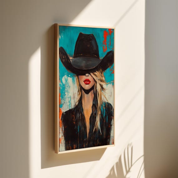 Mysterious Cowgirl Art Western Wall Decor Blonde Woman In Black Hat Bold Lips Teal And Red Accents