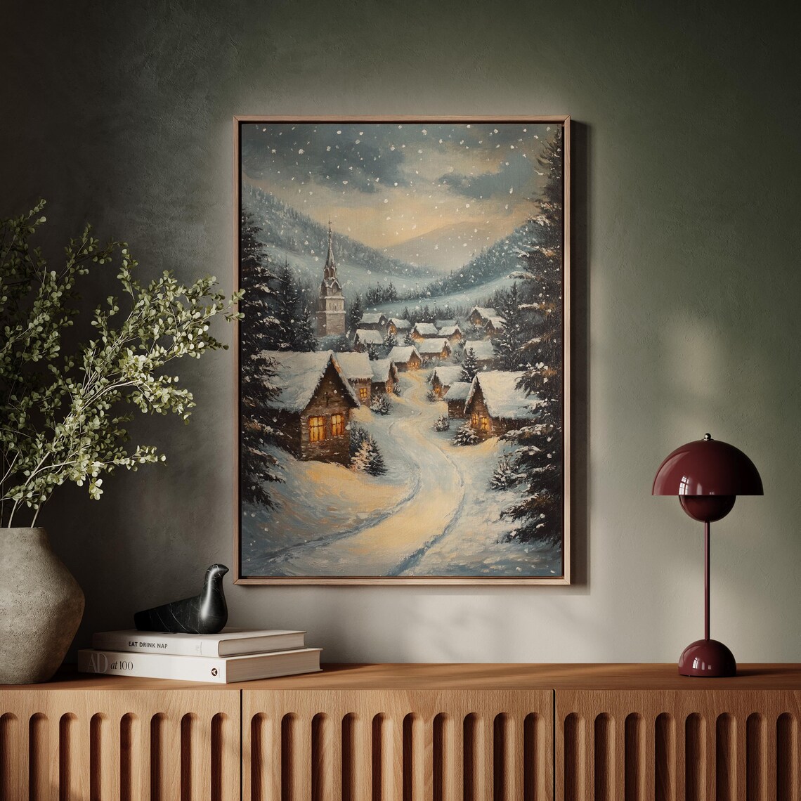 Snow Covered Village With Church Steeple Winter Evening Art Print - Image 6