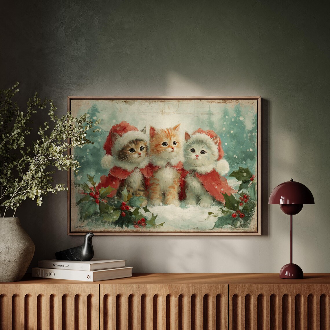Vintage Christmas Kitten Art Print, Holiday Cats