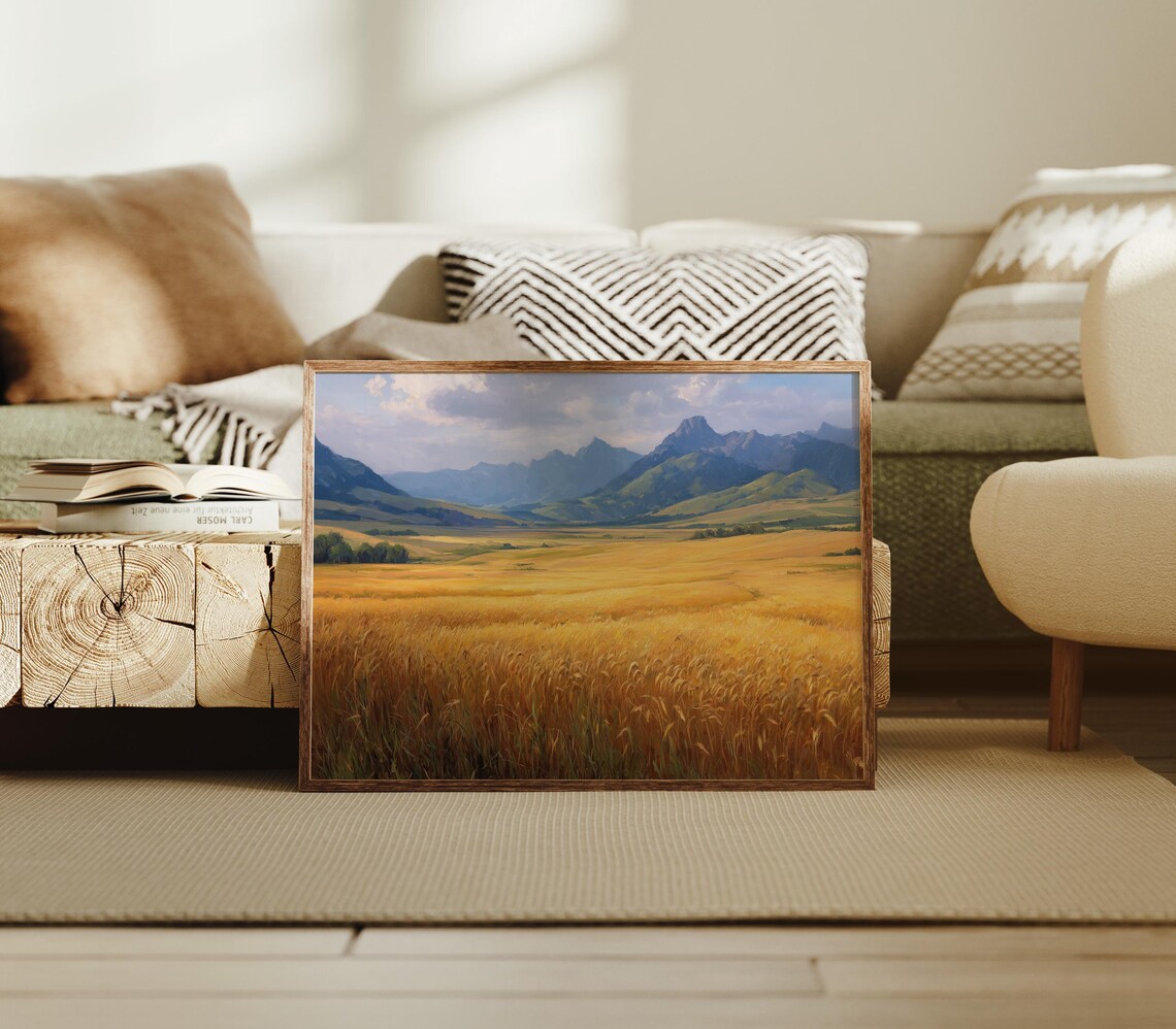 Golden Wheat Field Beneath Mountain Horizon Art Print