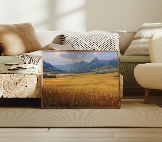 Golden Wheat Field Beneath Mountain Horizon Art Print