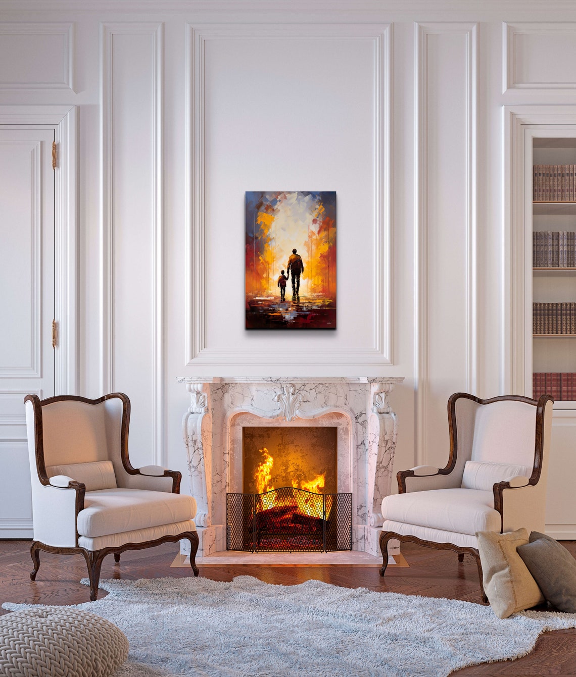 Father And Son Silhouettes Walking In Abstract Watercolor Poster - Image 4