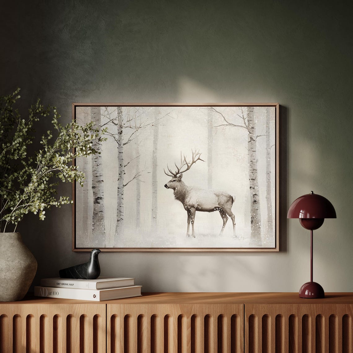 Winter Stag With Large Antlers In Snowy Birch Forest Pale Poster - Image 6