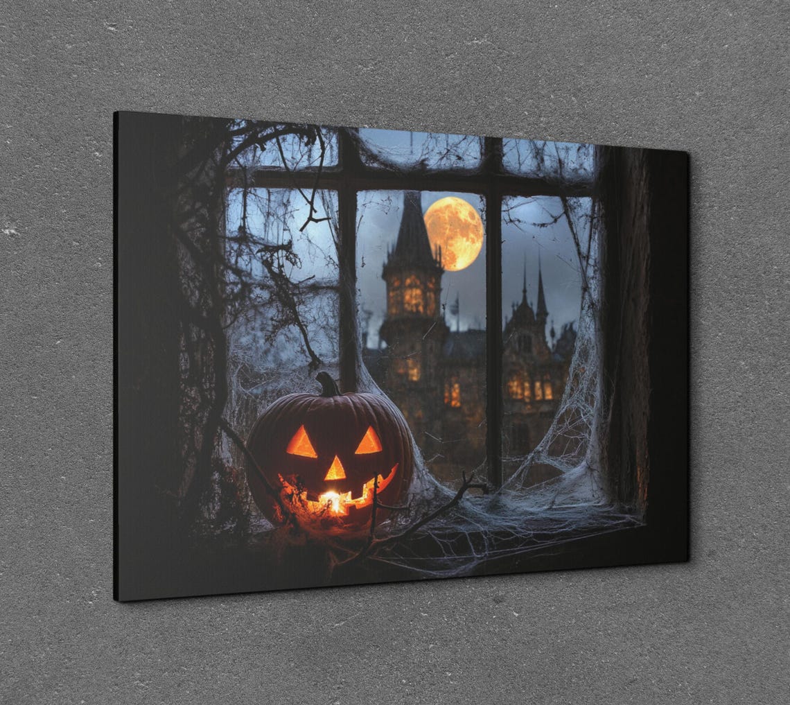 Glowing Pumpkin on Old Window Ledge With Moonlit Castle Beyond Poster - Image 6