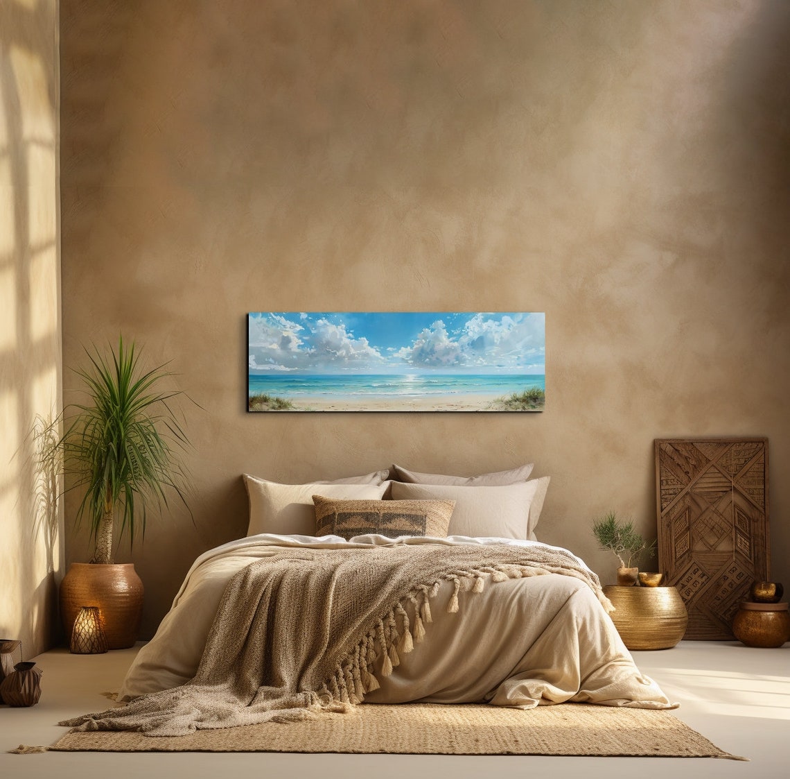Peaceful Serene Coastal Beach Painting with White Clouds Poster - Image 6
