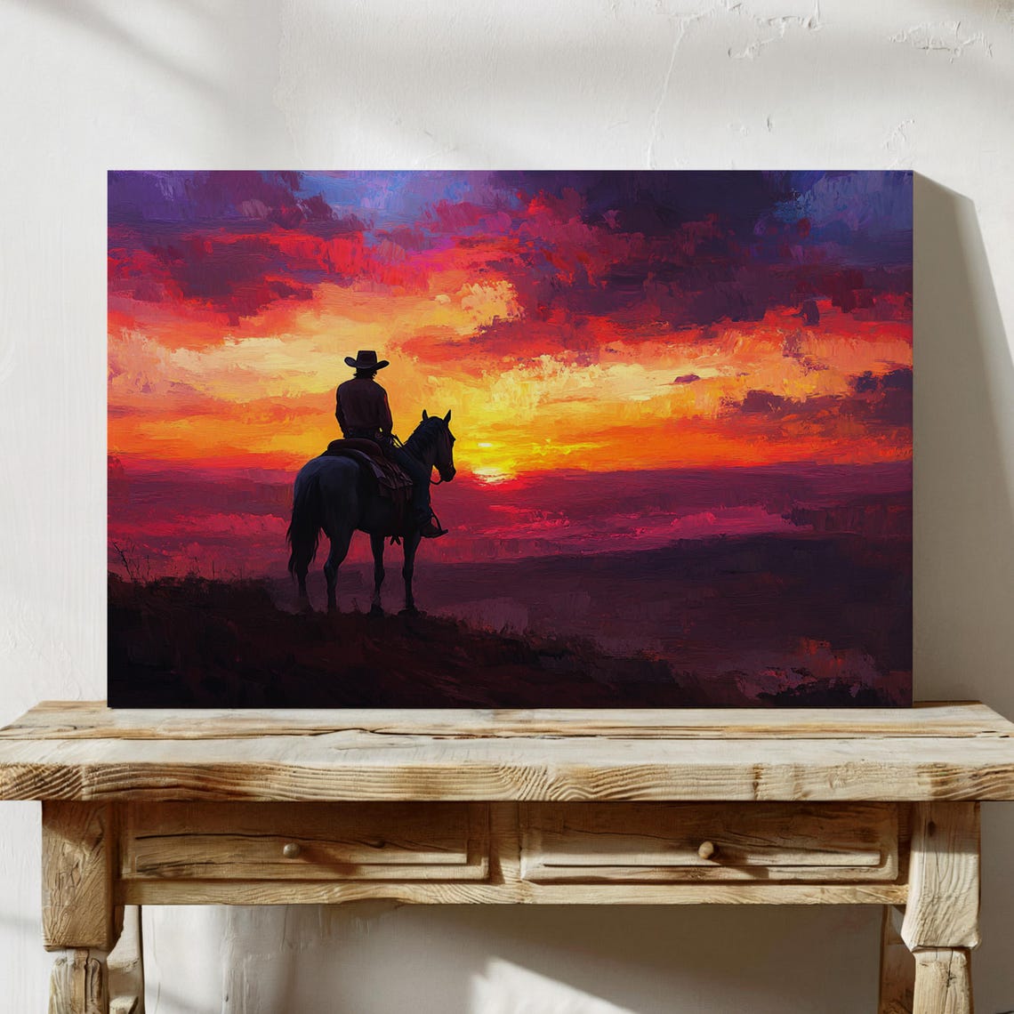 Cowboy Silhouette Against a Vivid Magenta Sunset Western Poster - Image 3