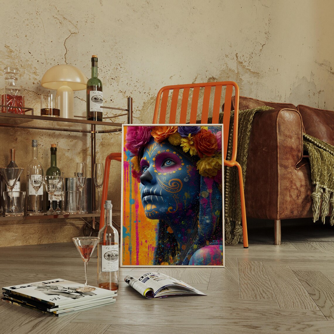 Blue Catrina Sugar Skull Day Of The Dead Floral Portrait Poster