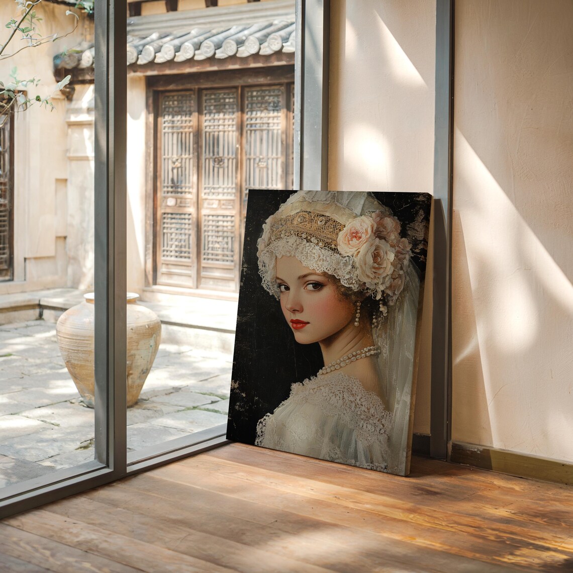 Victorian Lady in Lace Veil with Roses Romantic Oil Portrait Print - Image 7