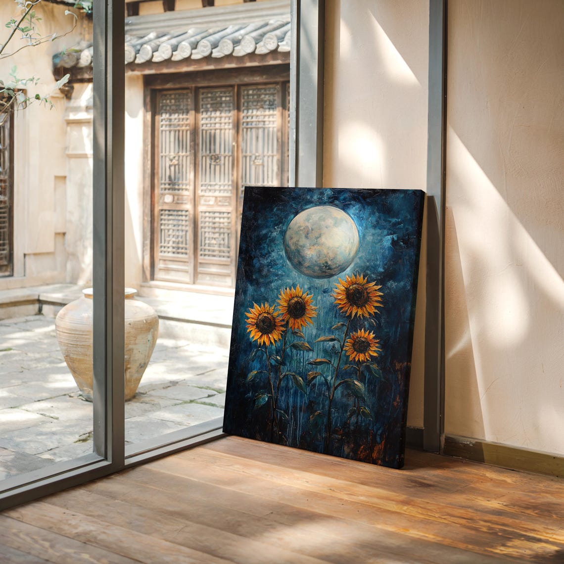 Golden Sunflowers Under a Large Moon in a Starry Night Sky Poster - Image 4