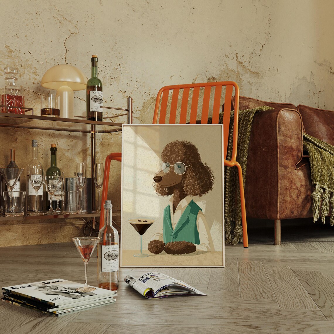 Sophisticated Brown Poodle in Glasses With a Martini Glass Art Poster