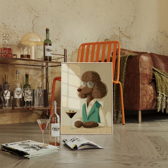 Stylish Poodle With Glasses And Cocktail Illustration