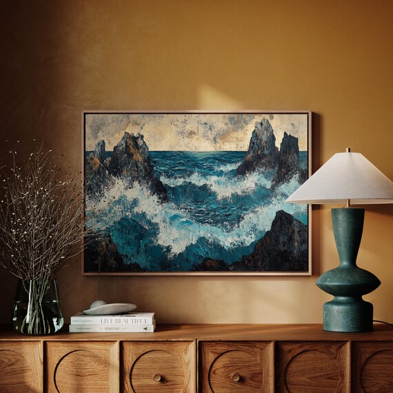 Bold Ocean Seascape Crashing Waves And Majestic Rocks Abstract Coastal Scene Poster