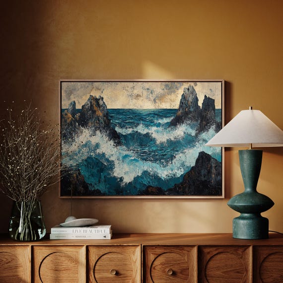 Bold Ocean Seascape With Crashing Waves And Majestic Rocks Abstract Coastal Art Dramatic Seaside Wall Spray Turquoise Tones