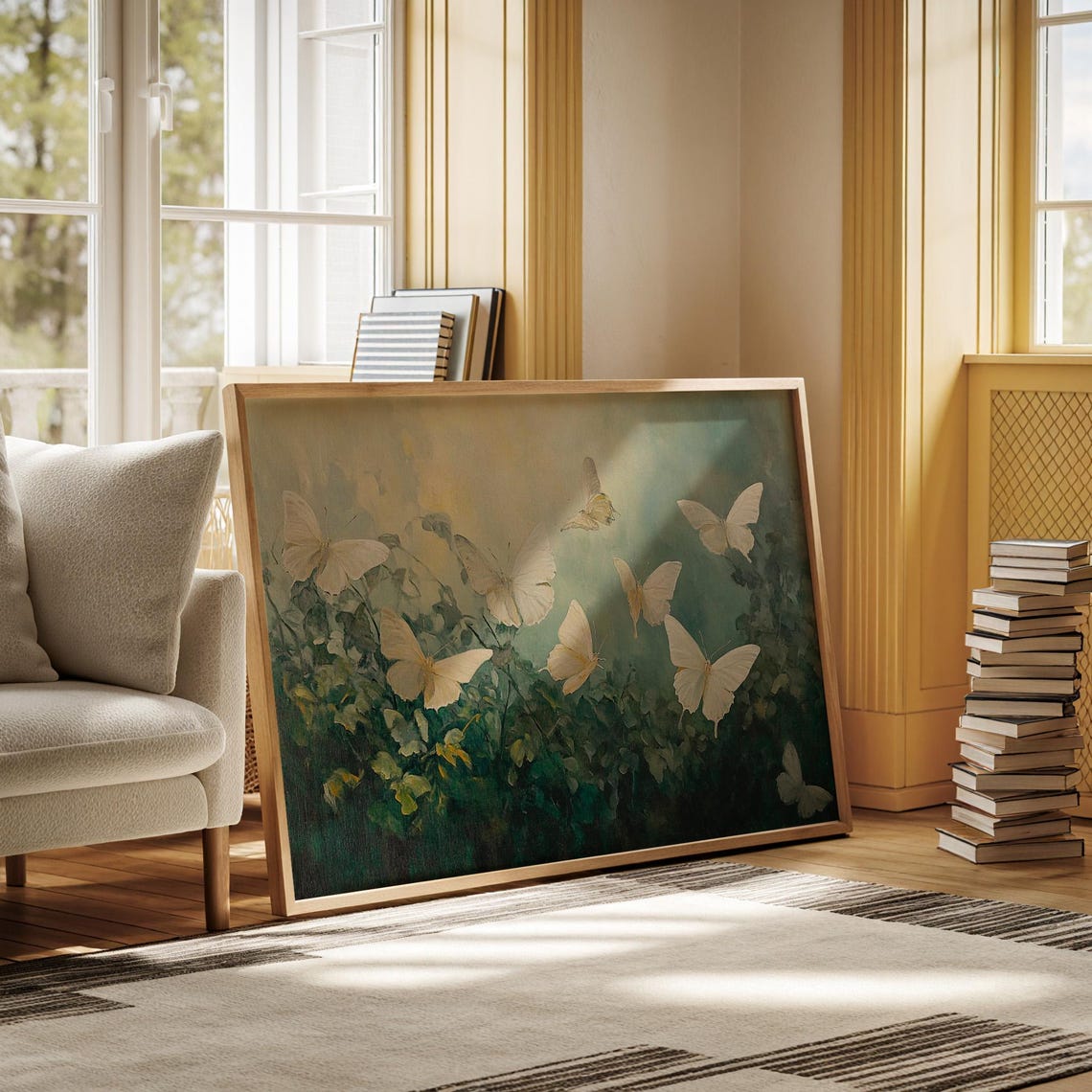 White Butterflies Rising Over Green Foliage Textured Art Poster - Image 4
