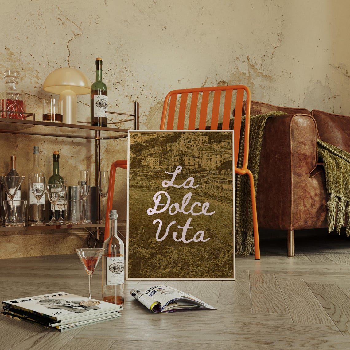 La Dolce Vita Pink Script Italian Coast Vintage Travel Art Poster