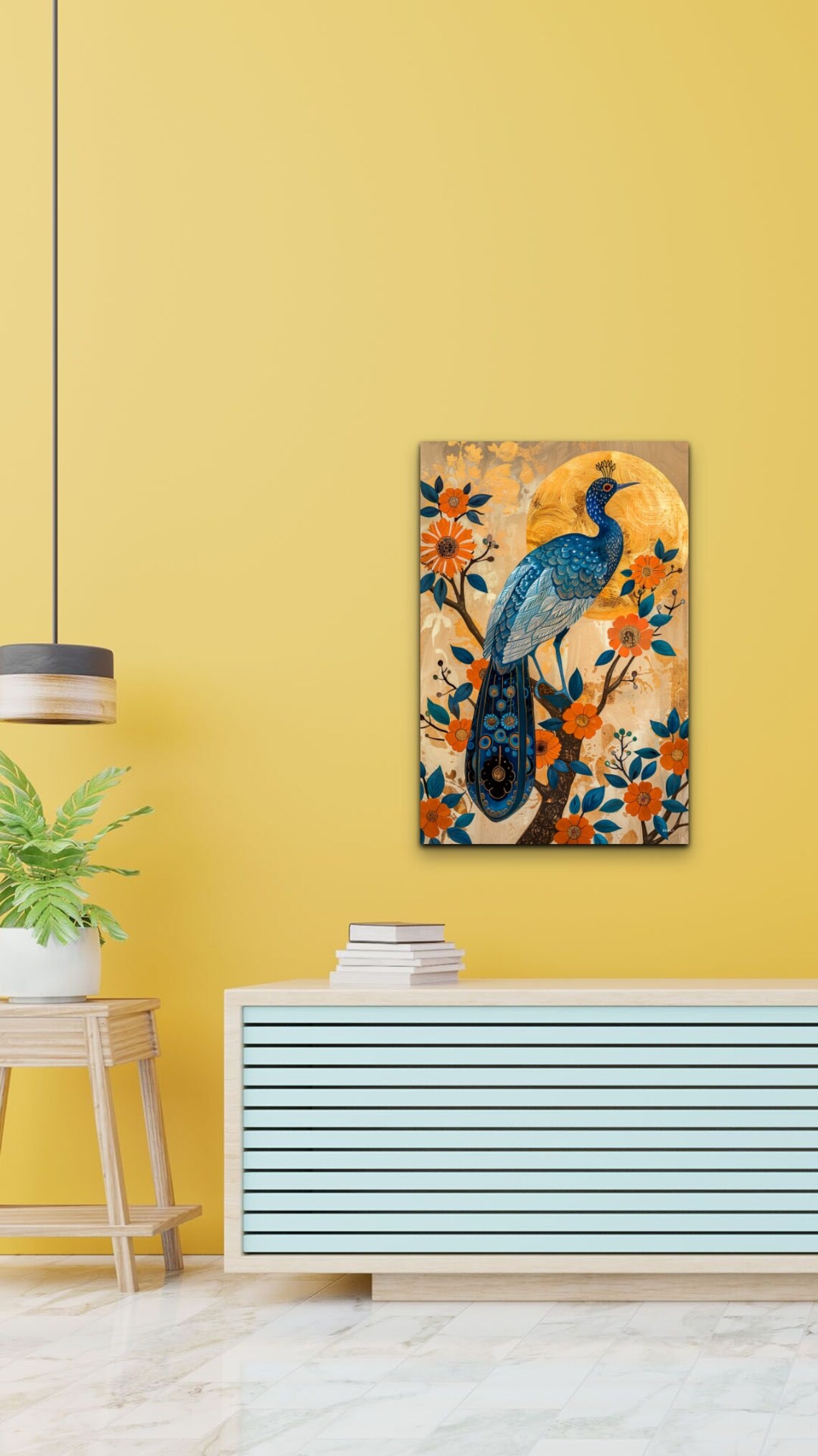 Peacock Folk Art Blue Gold Blossom Decorative Bird Wall Print - Image 4