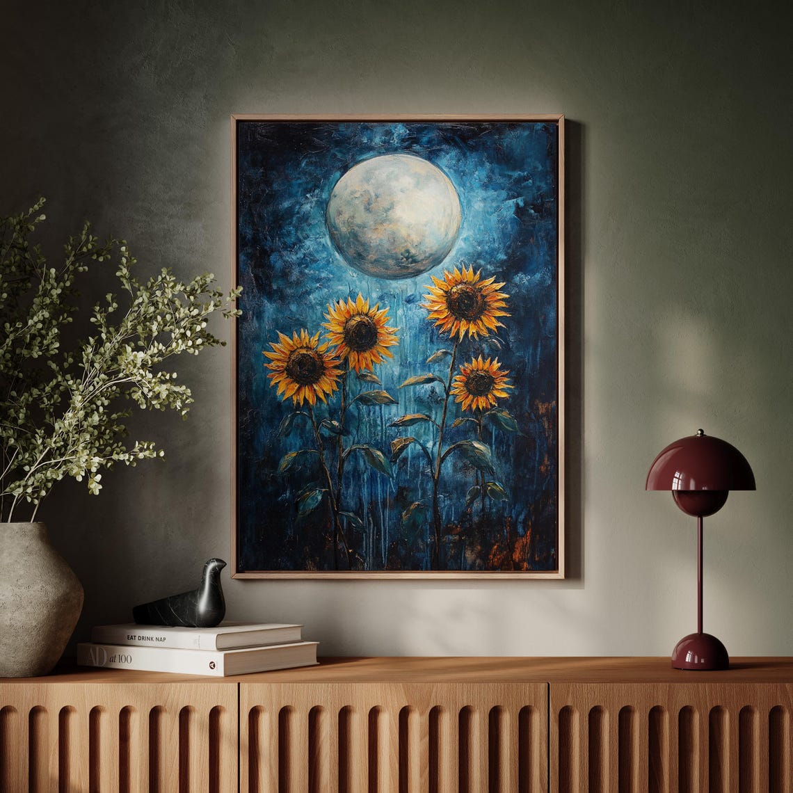Golden Sunflowers Under a Large Moon in a Starry Night Sky Poster - Image 7