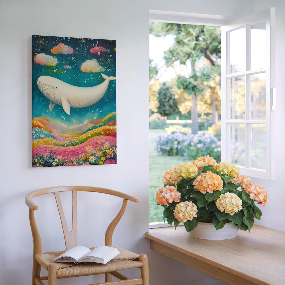 White Whale Soaring Above Rainbow Flower Hills Starry Sky Poster - Image 5