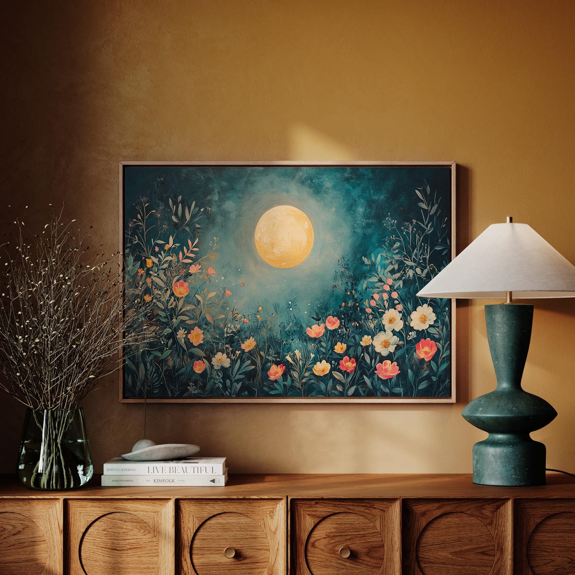 Moonlit Floral Garden With Glowing Golden Moon Teal Night Poster - Image 5