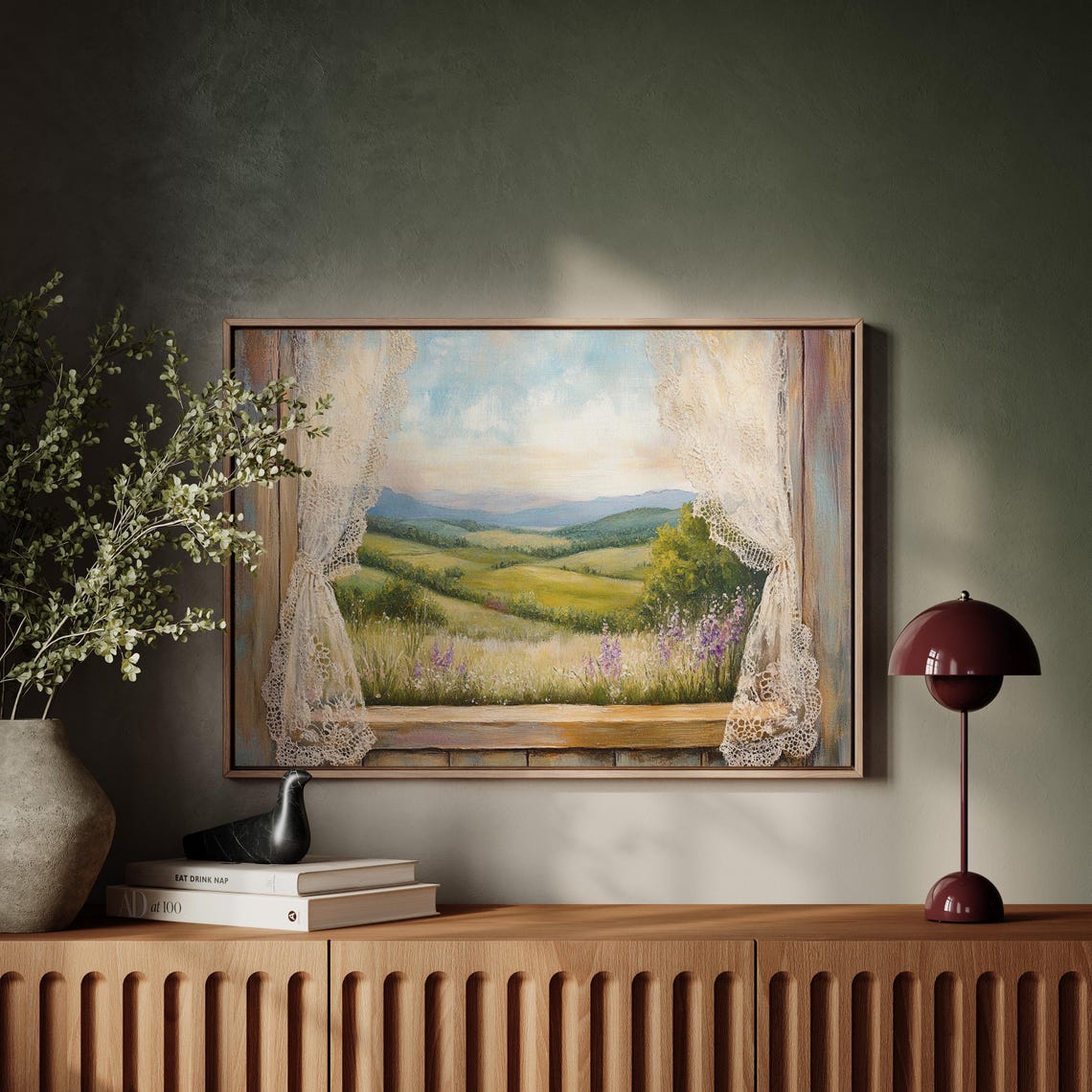 Rustic Open Window Over Rolling Green Hills Vintage Lace Poster - Image 3