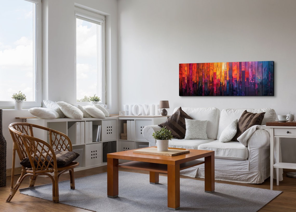Colorful Urban Skyline Collage On Painted Wood Planks Wall Art - Image 3