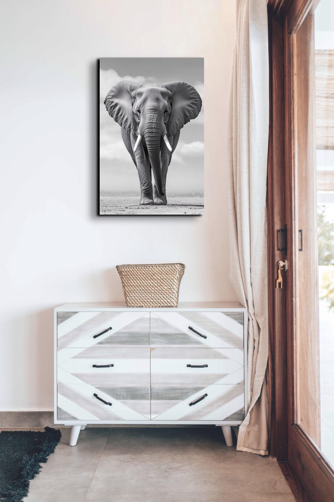 African Elephant Walking Toward Camera Black and White Wildlife Poster - Image 3
