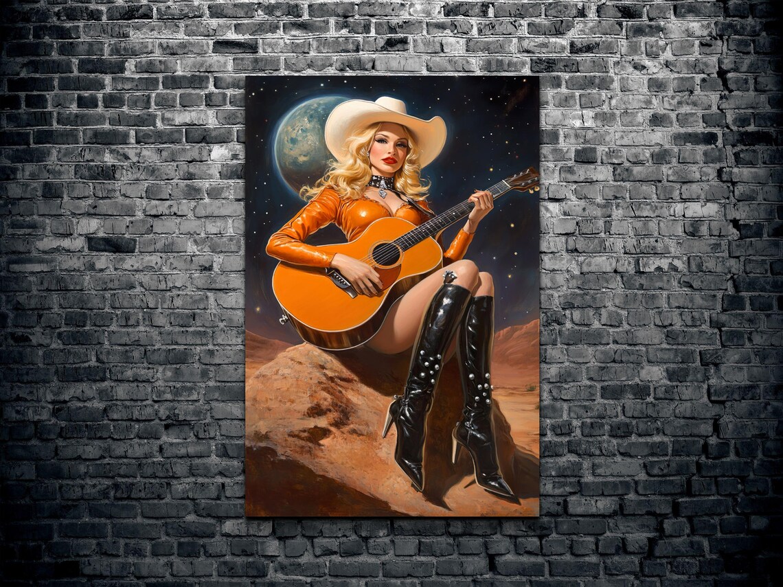 Galactic Cowgirl Guitar Starry Desert Night Western Pin Up Poster - Image 2