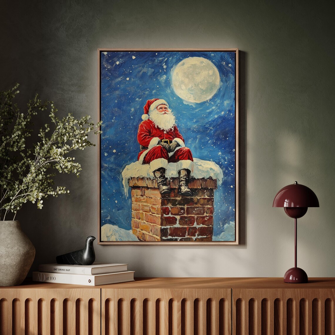 Santa Claus Sitting on a Snowy Chimney Under a Full Moon Christmas Poster - Image 5