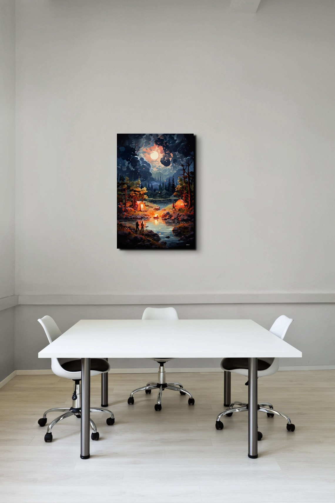 Night Camping By The Lake Under Full Moon Tents Campfire Poster - Image 5