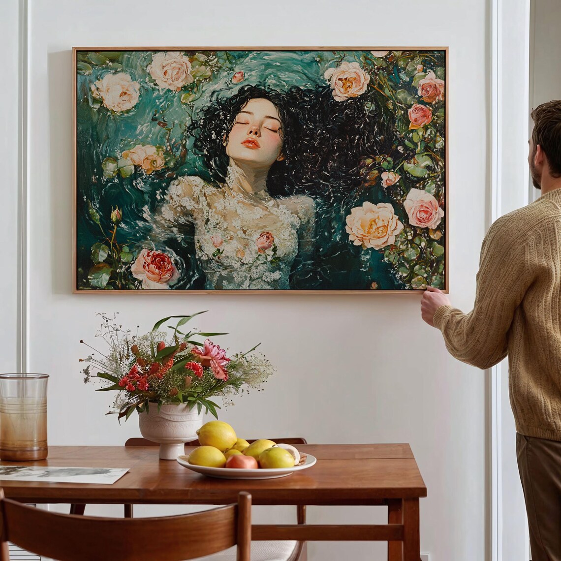 Woman Floating Among Roses Ethereal Dark Floral Water Painting Print - Image 3