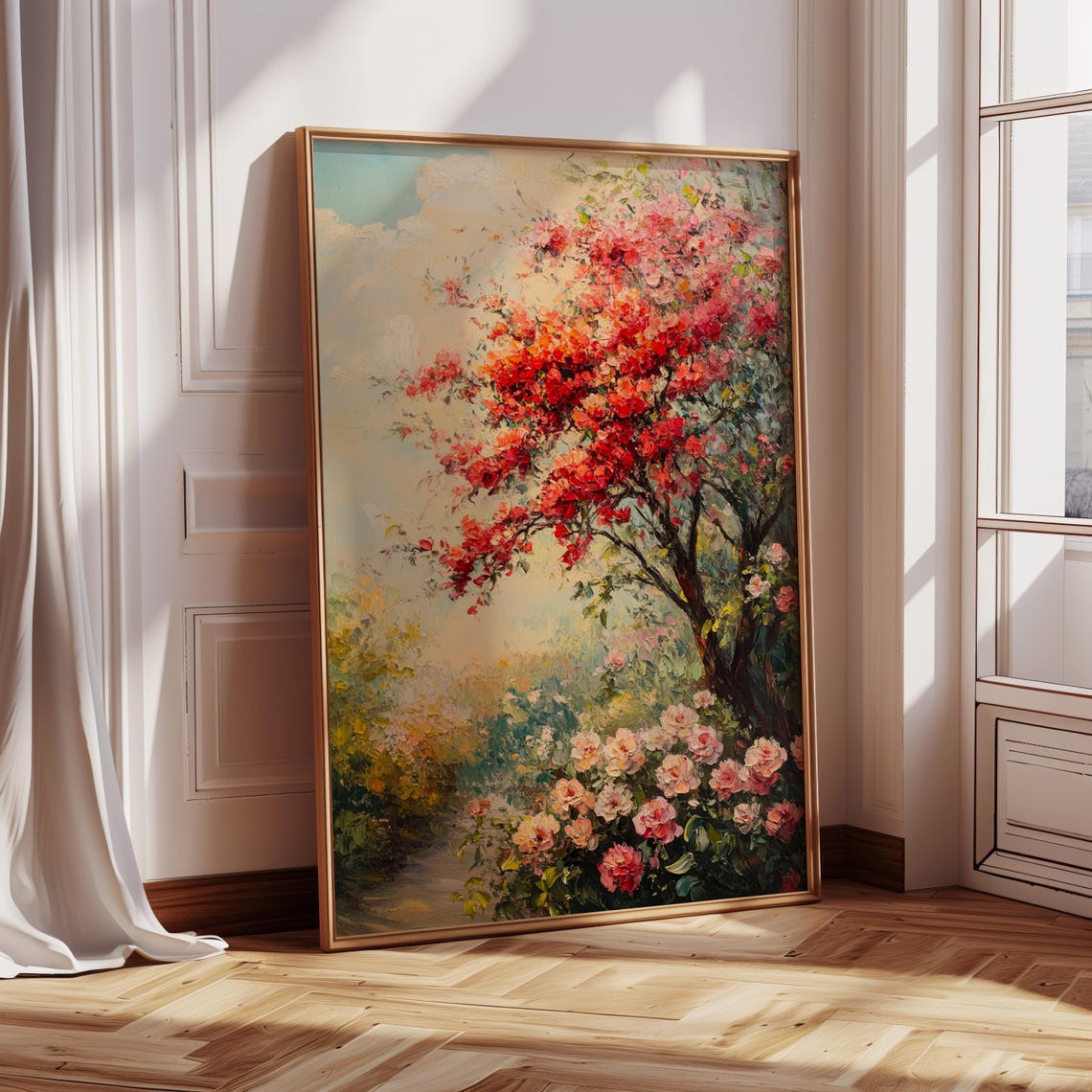 Red Blossom Tree With Pink Roses Impressionist Garden Scene Poster - Image 4