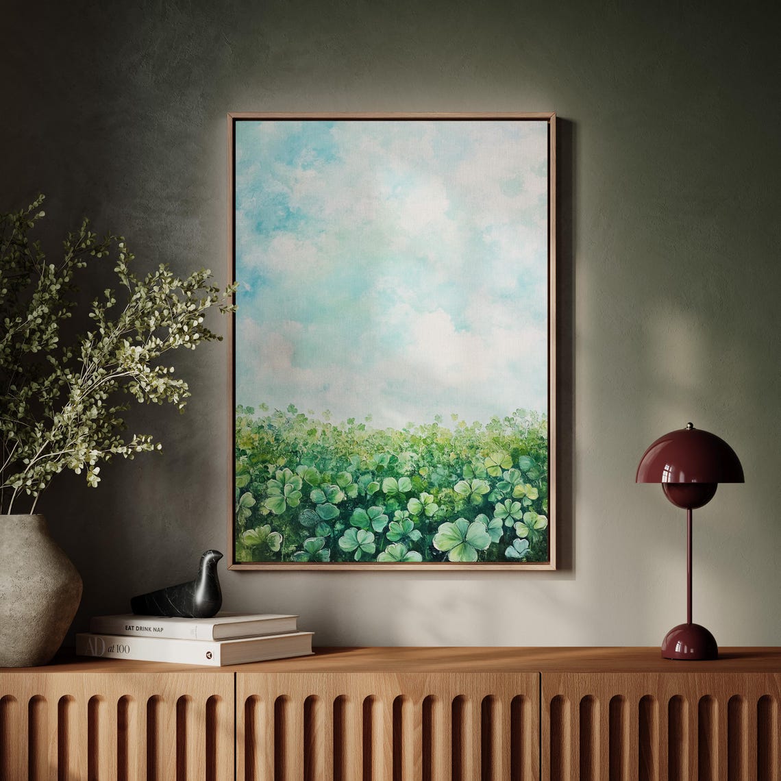 Lush Painted Meadow of Green Clover Under Soft Blue Sky Wall Art - Image 7