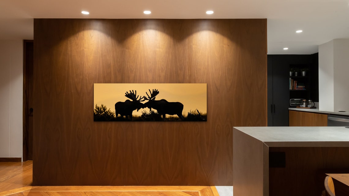 Two Moose Silhouettes at Golden Sunset Wilderness Panorama Wall Art - Image 4